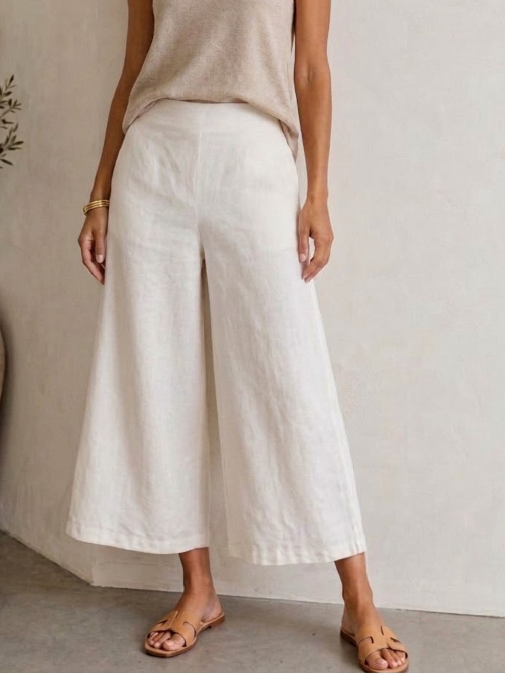 Eileen Fisher Ivory Linen Silk Woman Cropped Pants Size Large Side Zip Wide Leg - Picture 1 of 14